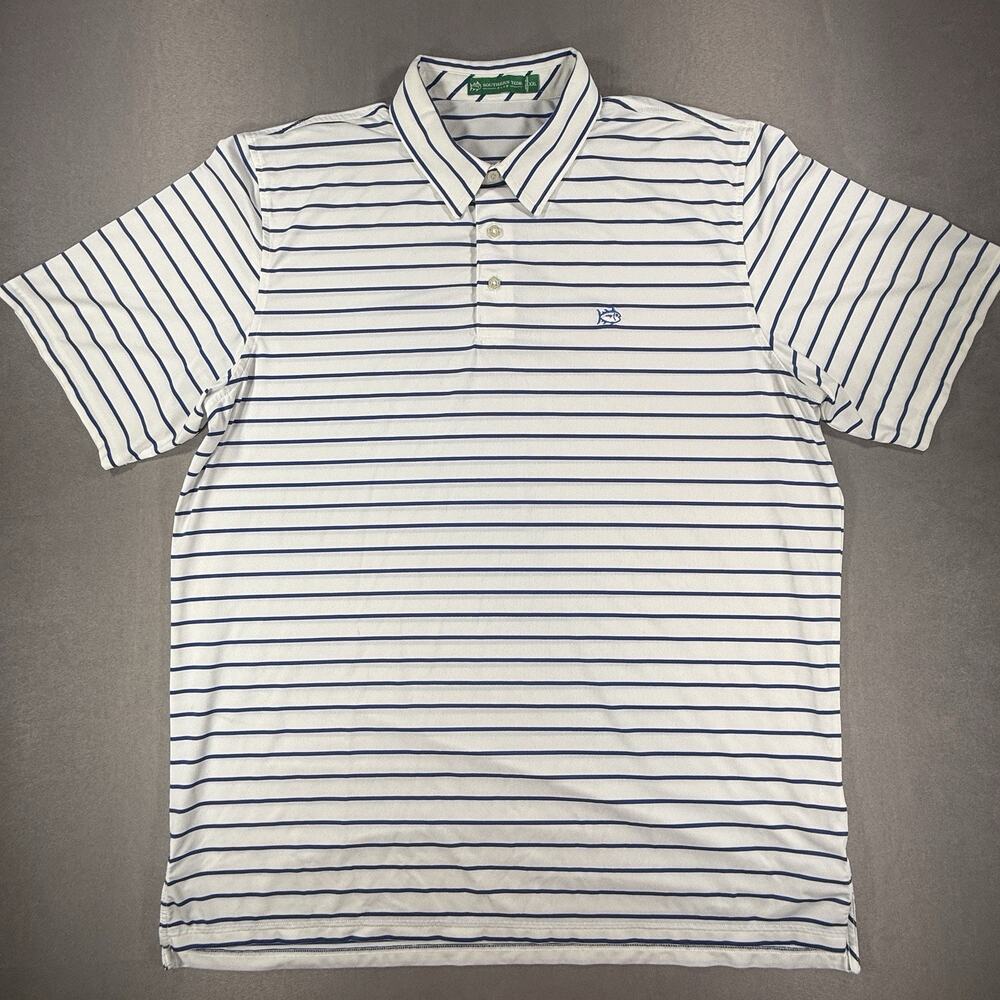 Southern Tide Mens 2XL Performance Golf Polo White Blue Stripe Stretch Skipjack